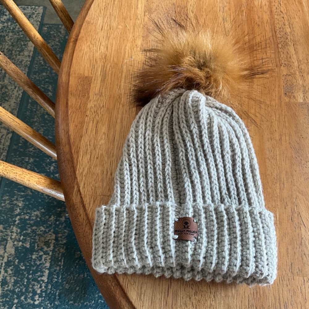 Handmade Crochet Beanie Hat  Adult Ribbed with faux fur pompom - Picture 4 of 4